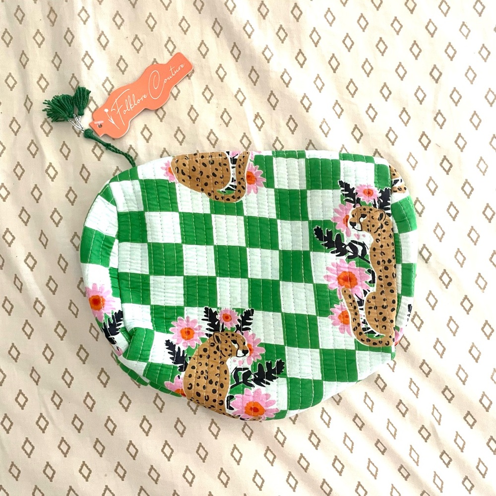 NWT Folklore Couture Green Checkered Jaguar Print Quilted Cosmetics Bag